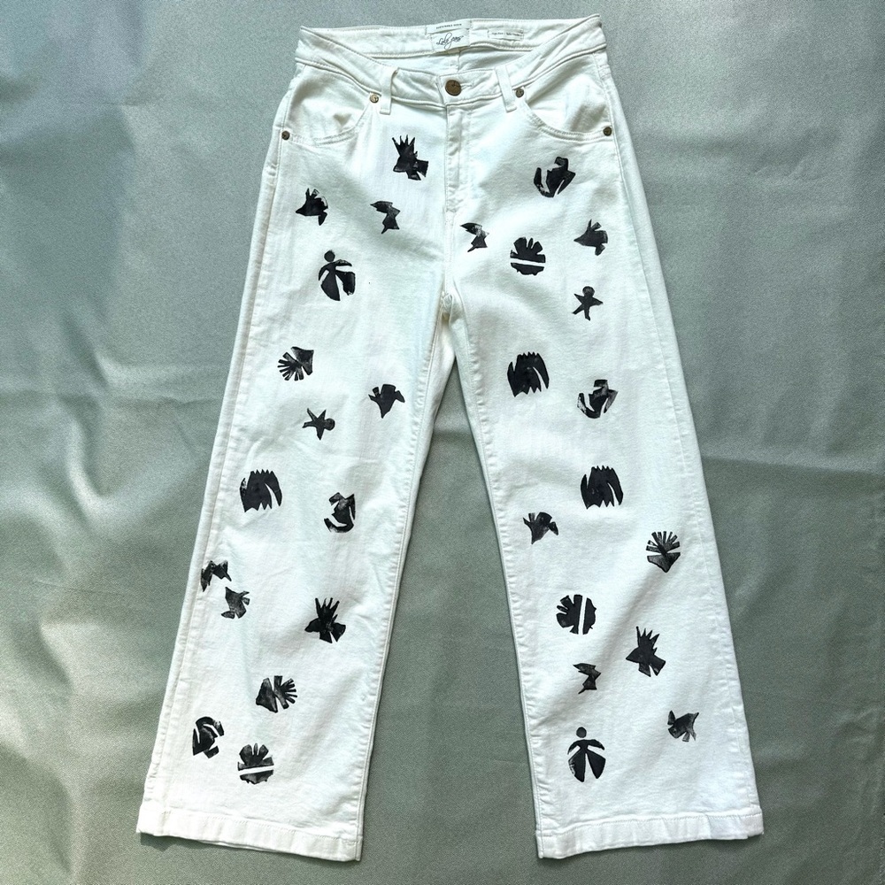 Lola Women’s High Rise Wide Leg Jeans Ivory 29 Stretch Denim Paint Prints